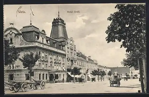 AK Wels, Hotel Greif mit Strasse