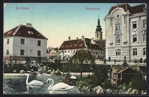 AK St. Pölten, Bischofsteich mit Häuserpanorama und Kirche