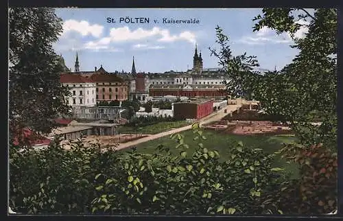 AK St. Pölten, Ortspanorama mit Strasse vom Kaiserwald aus