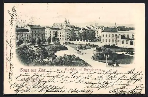 AK Linz a.D., Marktplatz mit Neptunbrunnen