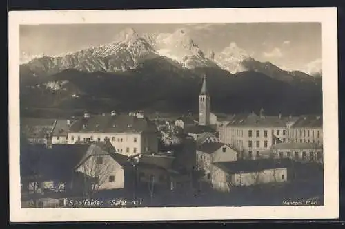 AK Saalfelden, Ortsansicht mit Bergpanorama