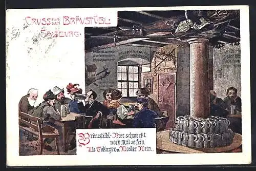 Künstler-Lithographie Hubert von Zwickle: Salzburg, Braustübl, Bier schmeckt nochmal so fein...