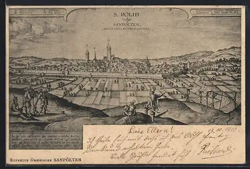 Lithographie St. Pölten, Ansicht nach einem alten Stich mit Rittern