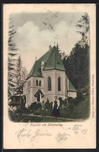 AK Semmering, Kapelle mit Dame in Tracht