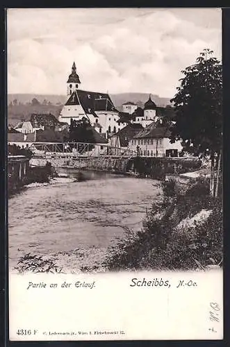 AK Scheibbs, Erlauf-Partie mit Brücke und Kirche im Hintergrund