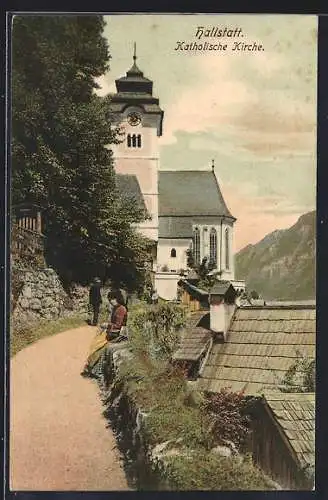 AK Hallstatt, Ortspartie an der Katholischen Kirche