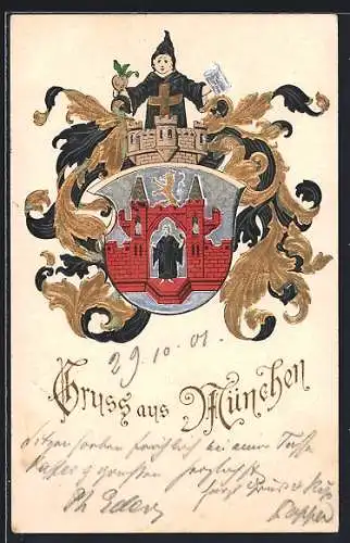 Lithographie München, Münchner Kindl mit Bierkrug auf Wappen