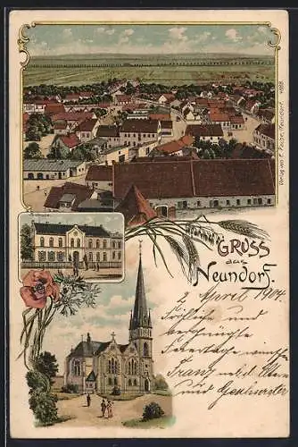 Lithographie Neundorf / Anhalt, Kirche, Schule, Ortsansicht