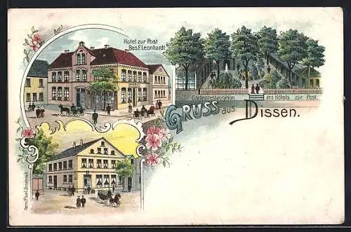 Lithographie Dissen / Teutoburger Wald, Hotel zur Post v. F. Leonhardt mit Gartenrestaurant