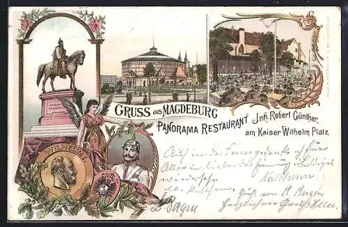 Lithographie Magdeburg, Panorama Restaurant am Kaiser Wilhelm Platz, Porträt des Kaisers, Reiterstandbild