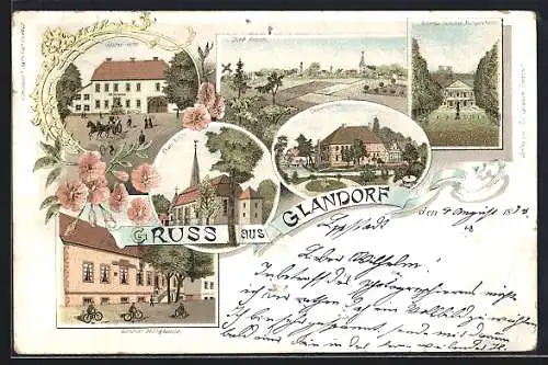 Lithographie Glandorf, Gasthof Kellinghausen, Gasthof Kahle, Rittergut Harkotten, Pfarrkirche