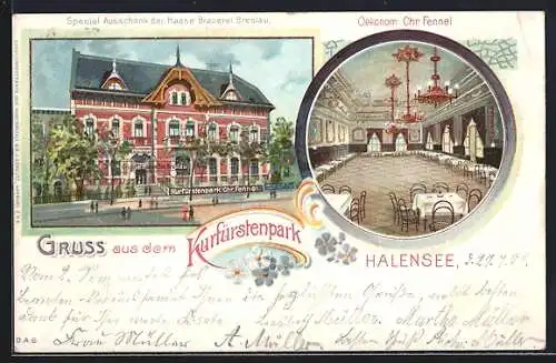 Lithographie Berlin-Halensee, Restaurant Kurfürstenpark v. Chr. Fennel, Saalansicht