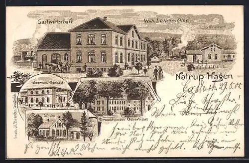 Lithographie Natrup-Hagen, Gasthaus Wilh. Lütkemöller, Bahnhof, Beamten-Wohnhaus, Erbwohnhaus Osterhaus, Schule