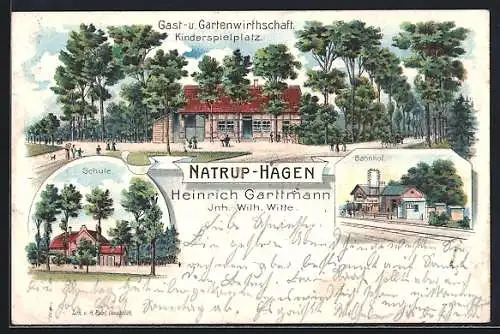 Lithographie Natrup-Hagen, Gasthaus Heinrich Garttmann v. Wilh. Witte, Schule, Bahnhof