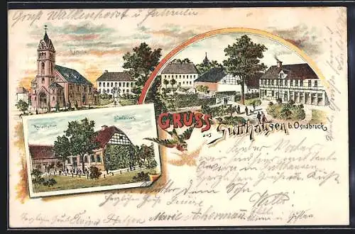 Lithographie Sutthausen b. Osnabrück, Restaurant mit Aussenbereich, Kirche, Ortspartie