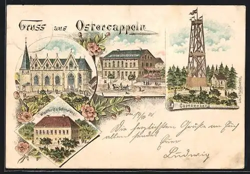 Lithographie Ostercappeln, hotel Gebr. Broermann, Windthorst`s Geburtshaus, Capellenberg