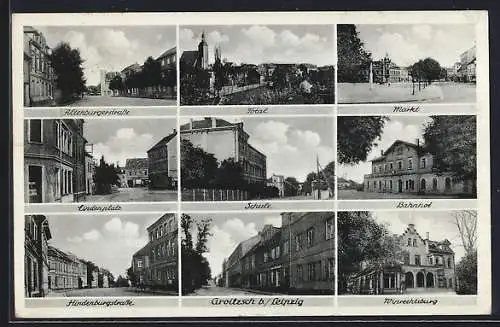 AK Groitzsch b. Leipzig, Bahnhof, Altenburgerstrasse, Lindenplatz, Hindenburgstrasse, Wiprechtsburg und Schule
