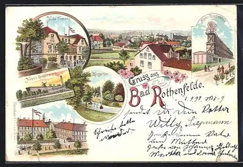 Lithographie Bad Rothenfelde, Hotel Villa Tiemann, Kurgarten, Neues und altes Gradierwerk