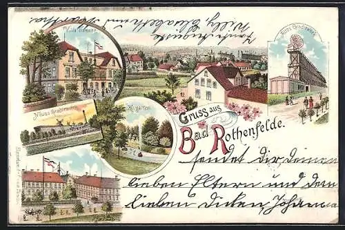 Lithographie Bad Rothenfelde, Hotel Villa Tiemann, Neues und altes Gradierwerk, Kurgarten