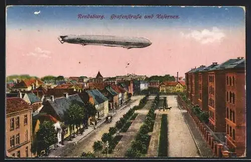 AK Rendsburg, Zeppelin über Grafenstrasse und Kasernen