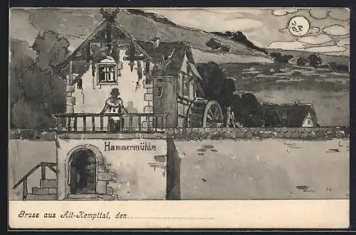 Künstler-AK Kempttal, Historische Wassermühle im Mondschein