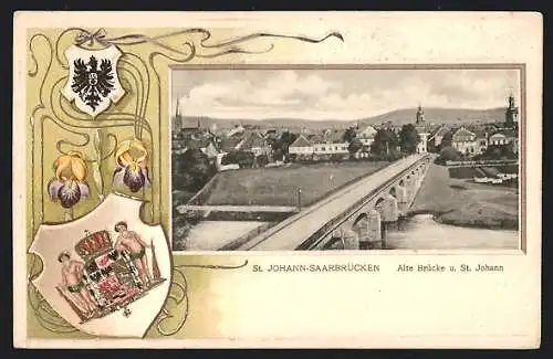 Passepartout-Lithographie St. Johann-Saarbrücken, Alte Brücke und Blick auf die Ortschaft, Wappen