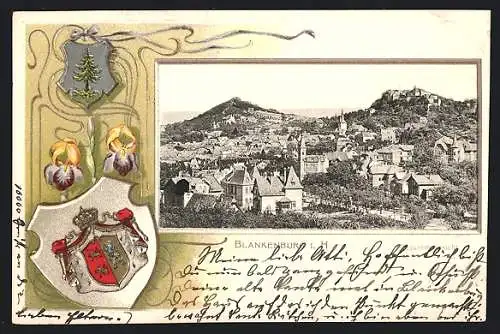 Passepartout-Lithographie Blankenburg i. H., Ortsansicht in den Hügeln, Wappen