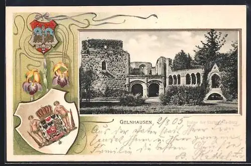 Passepartout-Lithographie Gelnhausen, Ruine d. Barbarossa Burg mit Wappen