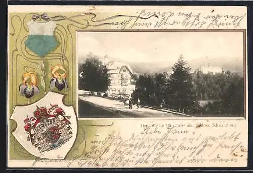 Passepartout-Lithographie Schwarzburg, Gasthaus Weisse Hirschen und das Schloss, Wappen