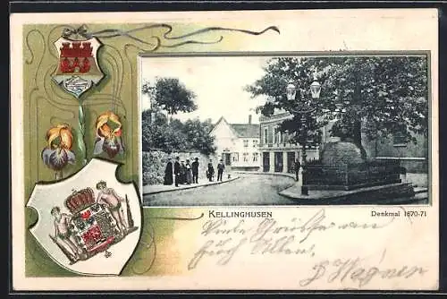 Passepartout-Lithographie Kellinghusen, Partie am Kriegerdenkmal, Wappen