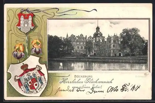 Passepartout-Lithographie Bückeburg, Partie am Schloss, Wappen