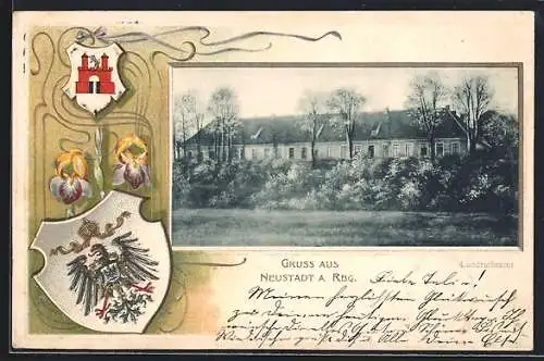 Passepartout-Lithographie Neustadt a. Rbg., Blick aufs Landrathsamt, Wappen