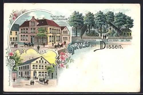 Lithographie Dissen / Teutoburger Wald, Hotel zur Post, Bes. F. Leonhardt, Gartenrestaurant