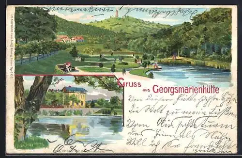 Lithographie Georgsmarienhütte, Parkanlage und Ortspartie