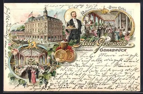 Lithographie Osnabrück, Hotel Germania, Bes. Eduard Petersilie, Restaurant und Wiener Café