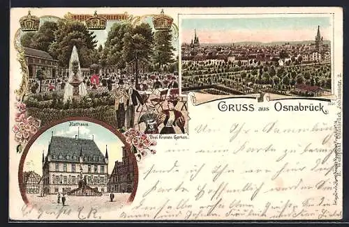 Lithographie Osnabrück, Restaurant Drei Kronen Garten, Rathaus und Totalansicht