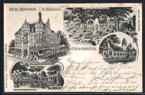 AK Osnabrück, Hotel Germania, Bes. Ed. Petersilie, Hauptgarten und Gartenvergrösserung