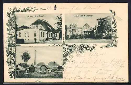 AK Wittlage, Gasthaus von Gustav Kemnade, Gräfl. Schloss Ippenburg, Mühle