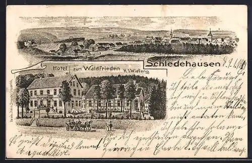 Lithographie Schledehausen / Wissingen, Hotel zum Waldfrieden, Bes. H. J. Wiefering, Totalansicht