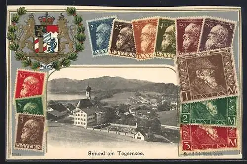 AK Gmund am Tegernsee, Ortsansicht im Briefmarken-Passepartout mit Wappen