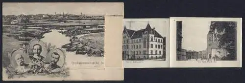 Leporello-AK Myslowitz, Dreikaiserreichsecke mit Ansichten von Synagoge u. Russischer Zollkammer, Zar Nikolaus II.