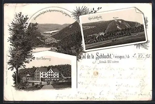 Vorläufer-Lithographie Col de la Schlucht, Hotels Schlucht & Sefranoux, Panorama des Lacs de Retournemer