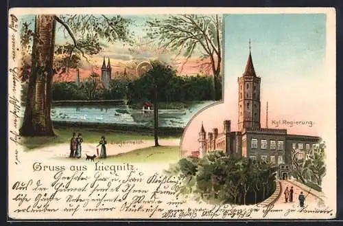 Lithographie Liegnitz, Kgl. Regierung, Goldene Sonne über dem Park