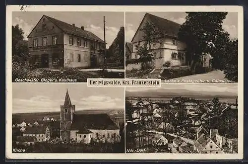 AK Hertigswalde /Frankenstein, Geschwister Gloger`s Kaufhaus, Laake`s Geschäft, Kirche, Teilansicht