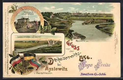 Lithographie Myslowitz, Grenzbrücke mit russischer Zollkammer, Eisenbahn-Grenzbrücke