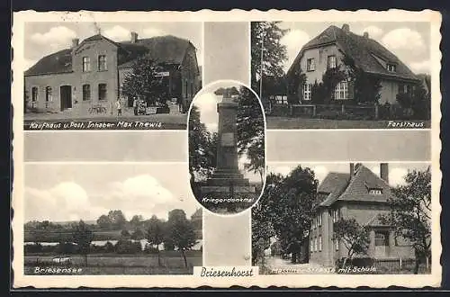 AK Briesenhorst, Kaufhaus und Post v. Max Thewis, Forsthaus, Massiner Strasse mit Schule, Briesensee