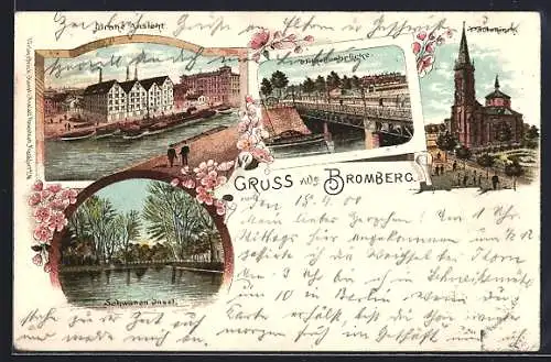 Lithographie Bromberg, Wilhelmsbrücke, Paulskirche, Brahe-Ansicht, Schwaneninsel