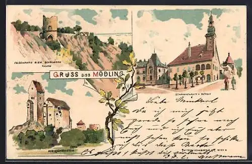 Lithographie Mödling, Schrannenplatz und Rathaus, Felsenpartie beim Schwarzen Thurm