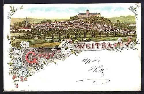 Lithographie Weitra, Totalansicht mit dem Schloss