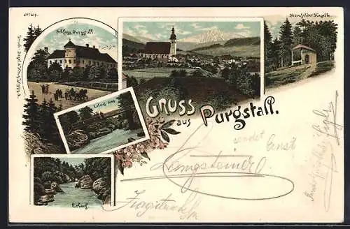 Lithographie Purgstall, Schloss Purgstall, Steinfelder-Kapelle, Erlauf-Steg